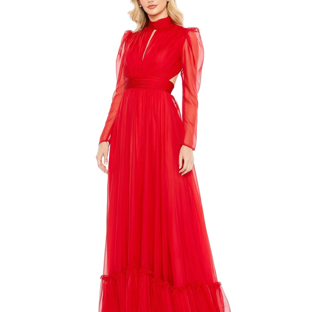 Mac Duggal Vibrant Red Long Sleeve Gown
